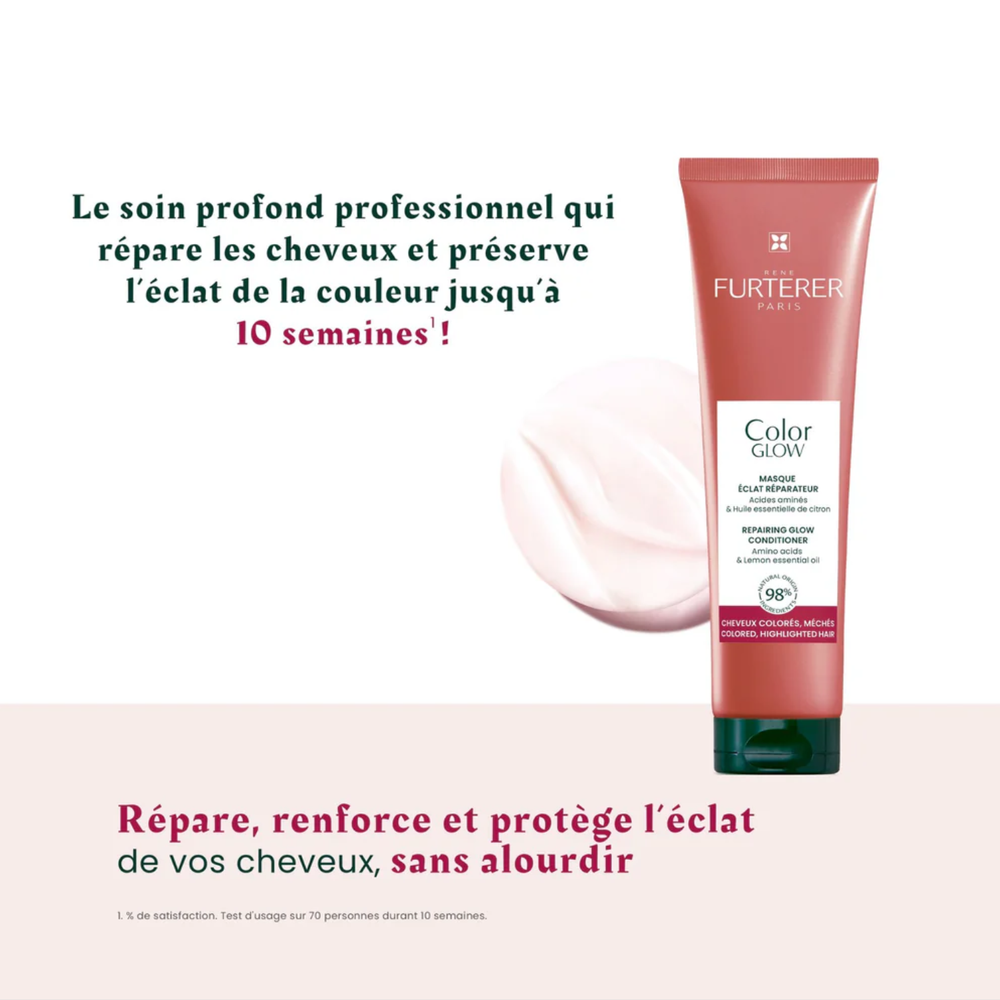 Coffret des Fêtes René Furterer Color Glow avec shampooing, masque et crème thermo-protectrice sur fond neutre.