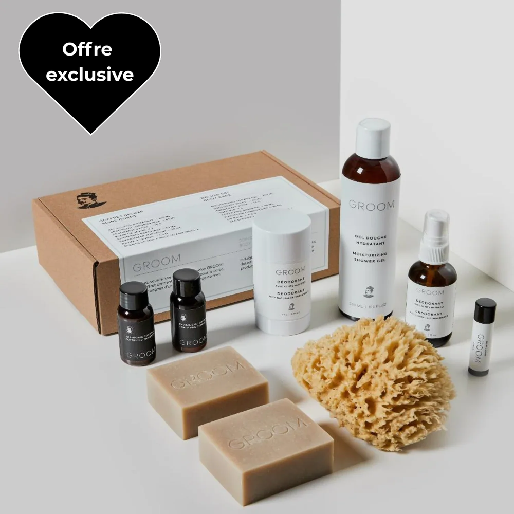 Coffret Deluxe – Soins corps Groom : ensemble de soins naturels pour hommes, comprenant gel douche, déodorants, savons, shampoing, revitalisant, baume à lèvres et éponge de mer.