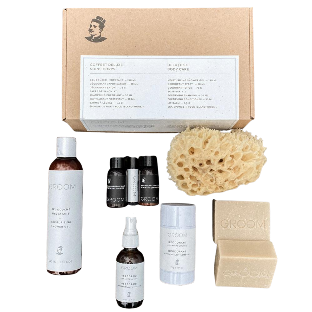 Coffret Deluxe – Soins corps Groom : ensemble de soins naturels pour hommes, comprenant gel douche, déodorants, savons, shampoing, revitalisant, baume à lèvres et éponge de mer.

