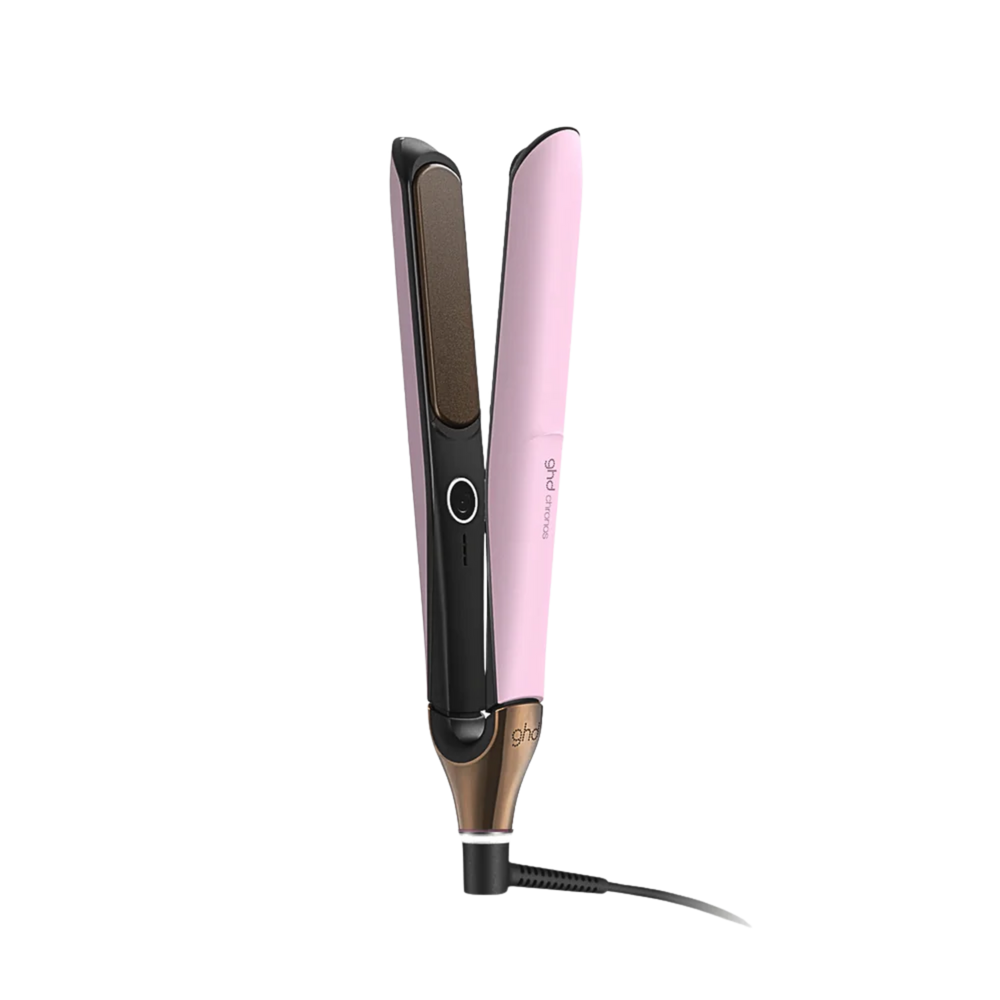 Fer plat GHD Chronos Pink Sorbet avec embout de silicone, pochette de transport et tapis chauffant – édition limitée.