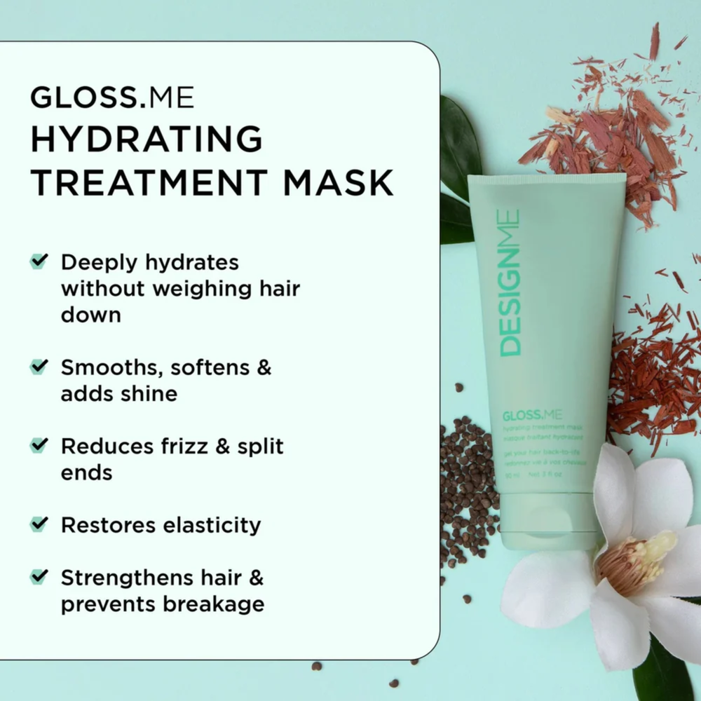 Coffret Design.Me Gloss.Me “Hydratation Cheveux de Rêve” avec quatre mini-produits : shampooing, revitalisant, masque et sérum