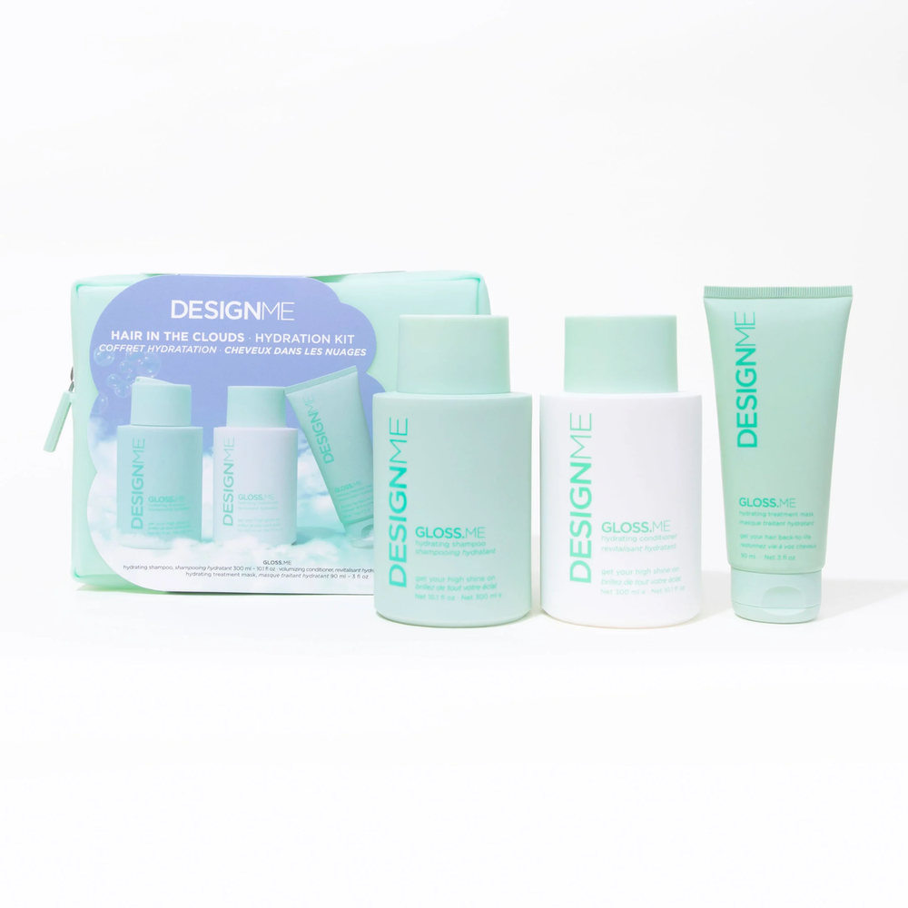 Coffret Design Me GLOSS.ME Hydratation 2025 avec shampooing, revitalisant et masque dans une trousse rose imperméable