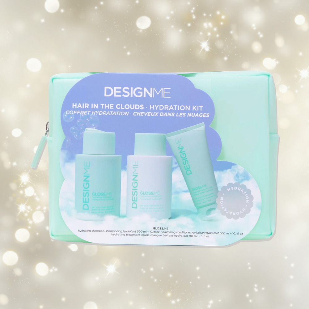 Coffret Design Me GLOSS.ME Hydratation 2025 avec shampooing, revitalisant et masque dans une trousse rose imperméable