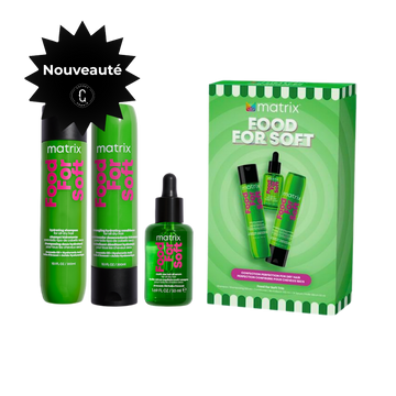 Coffret Matrix Food For Soft avec shampoing hydratant, revitalisant démêlant et huile sérum pour cheveux secs à l’huile d’avocat et acide hyaluronique.