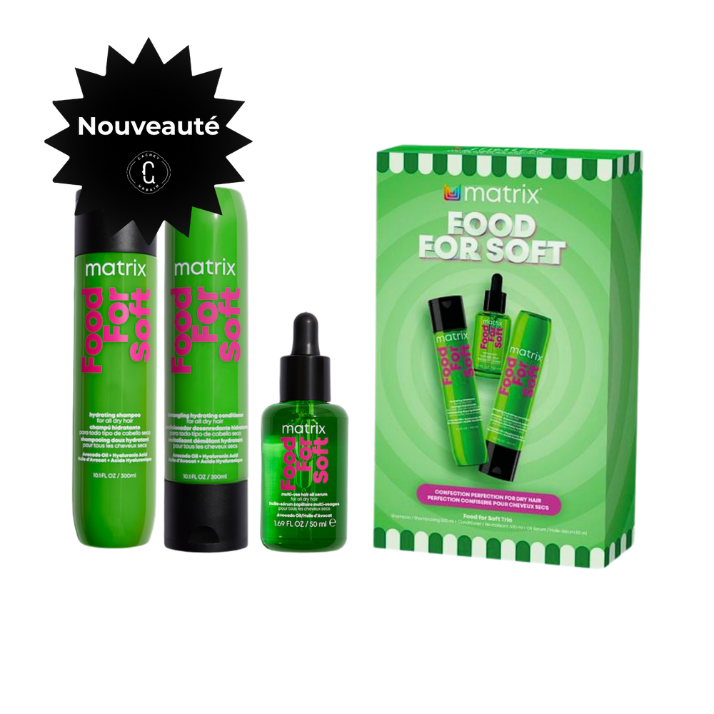 Coffret Matrix Food For Soft avec shampoing hydratant, revitalisant démêlant et huile sérum pour cheveux secs à l’huile d’avocat et acide hyaluronique.