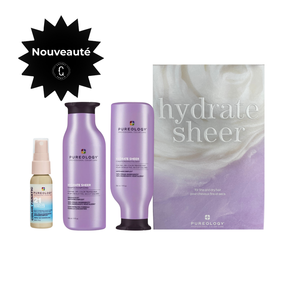 Trio Pureology Hydrate Sheer – shampoing, revitalisant et spray hydratant pour cheveux fins et colorés.