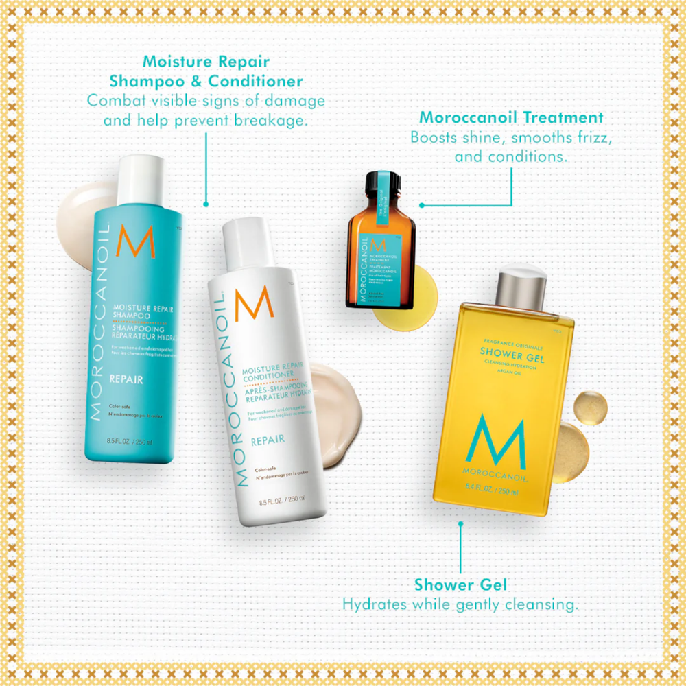 Coffret Cadeau Cheveux Réparation des Fêtes Moroccanoil – shampooing, après‑shampooing, traitement et gel douche