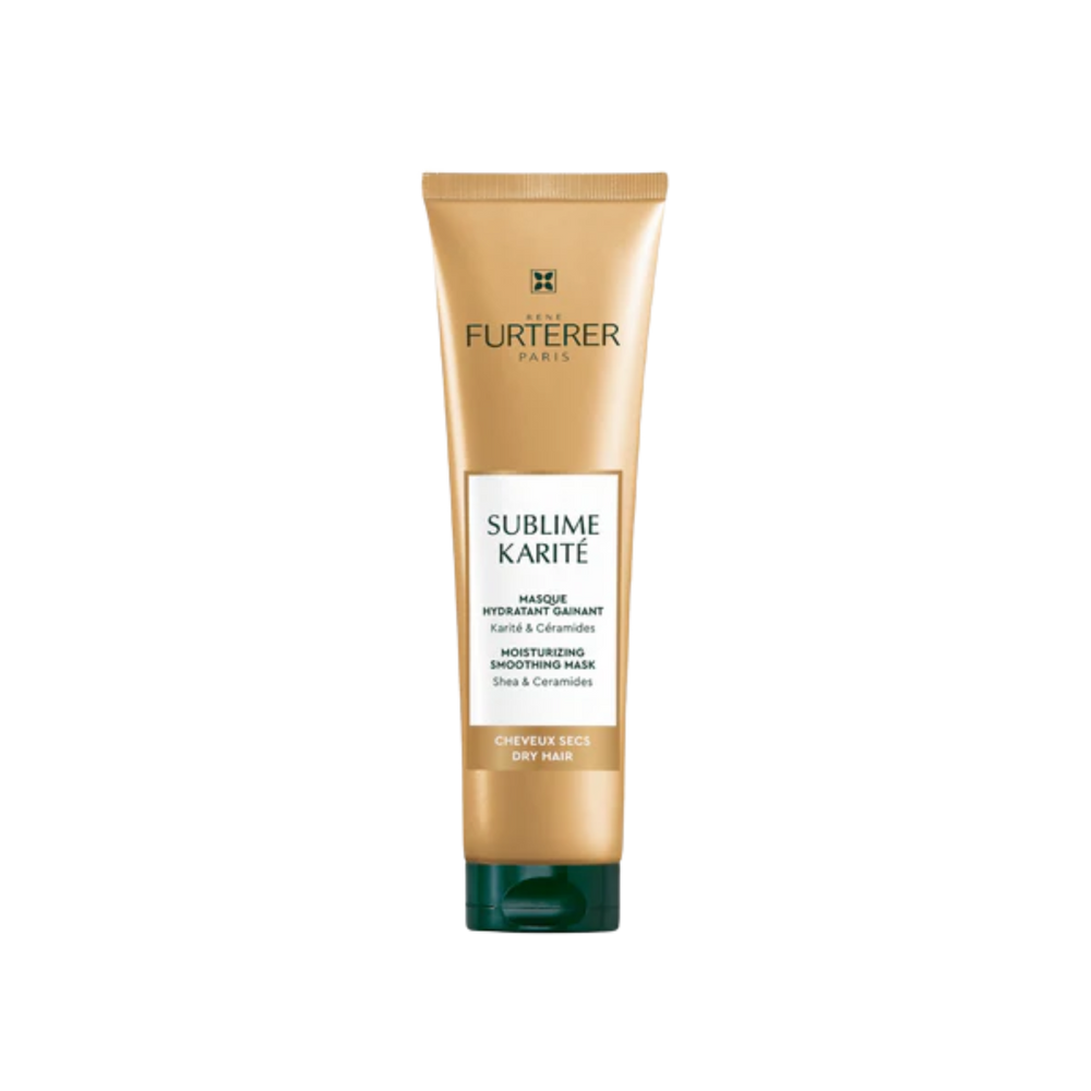Coffret Sublime Karité de René Furterer : shampooing, masque et lait professionnel sur fond neutre.