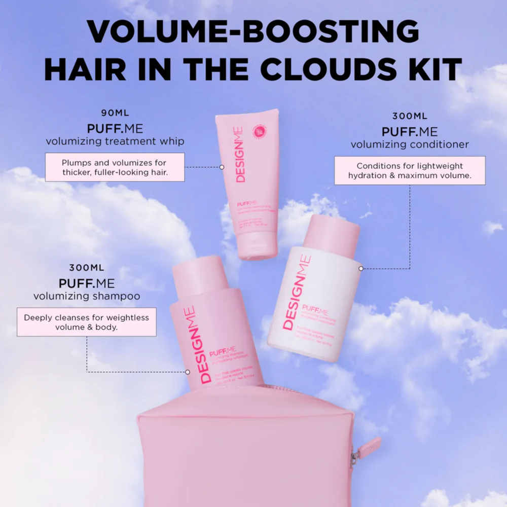 Coffret Design Me Puff.Me Volume « Cheveux dans les Nuages » avec shampooing, revitalisant et masque fouetté