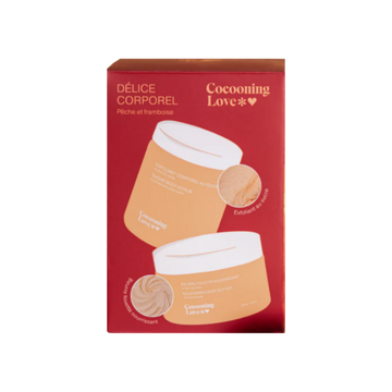 Coffret corps pêche et framboise avec exfoliant au sucre et beurre fouetté hydratant pour peau douce.