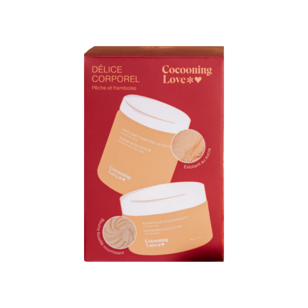 Coffret corps pêche et framboise avec exfoliant au sucre et beurre fouetté hydratant pour peau douce.