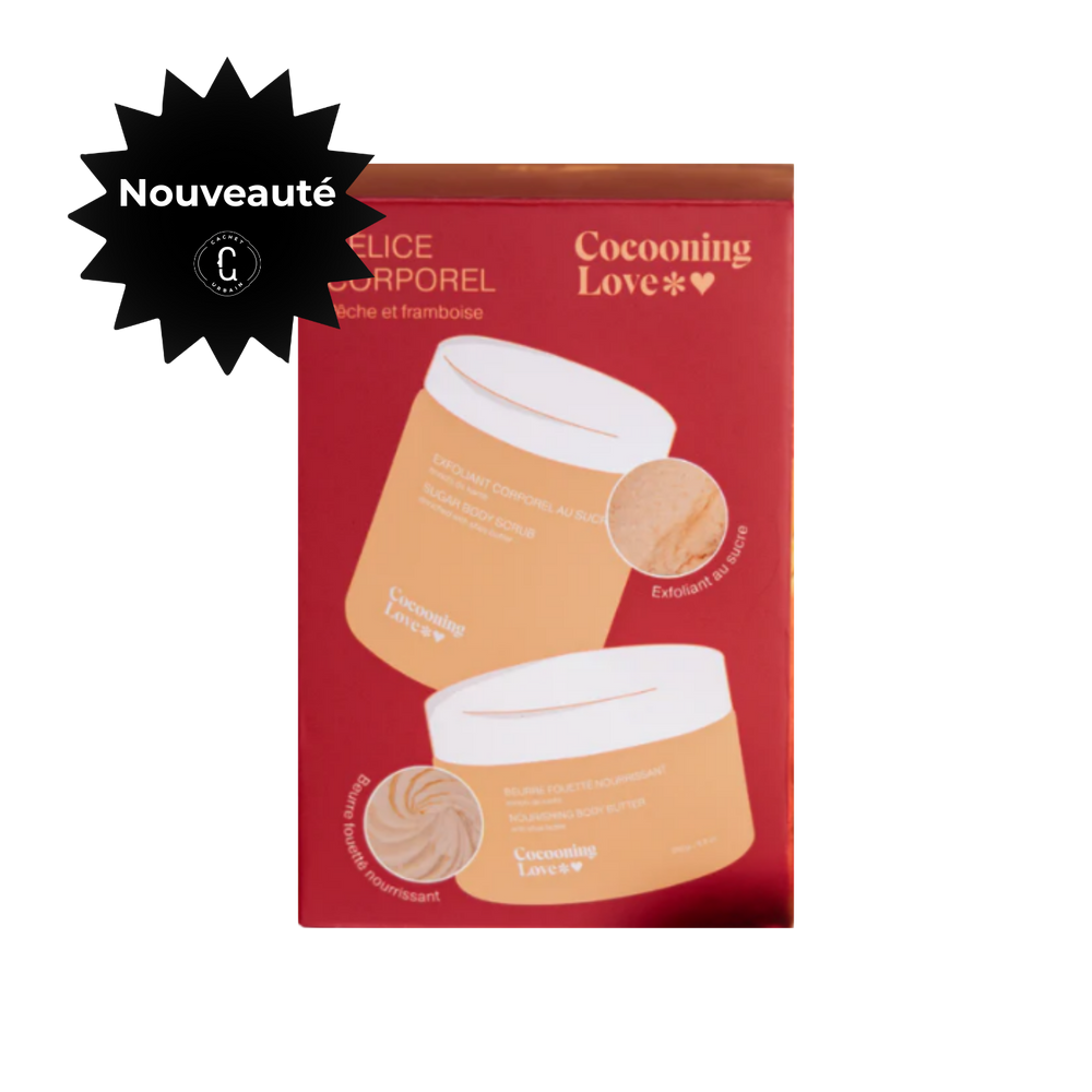 Coffret corps pêche et framboise avec exfoliant au sucre et beurre fouetté hydratant pour peau douce.