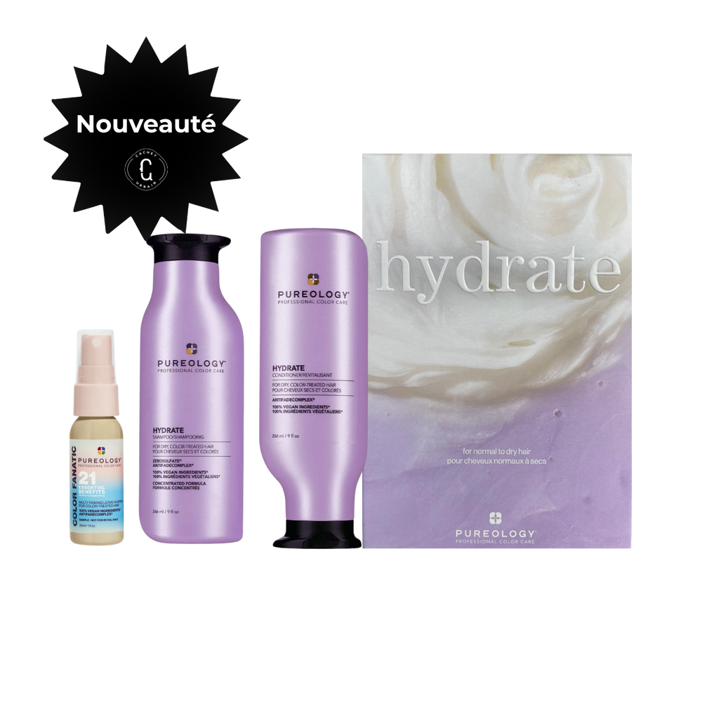 Coffret de printemps Hydrate Pureology avec shampoing, revitalisant et spray hydratant pour cheveux.