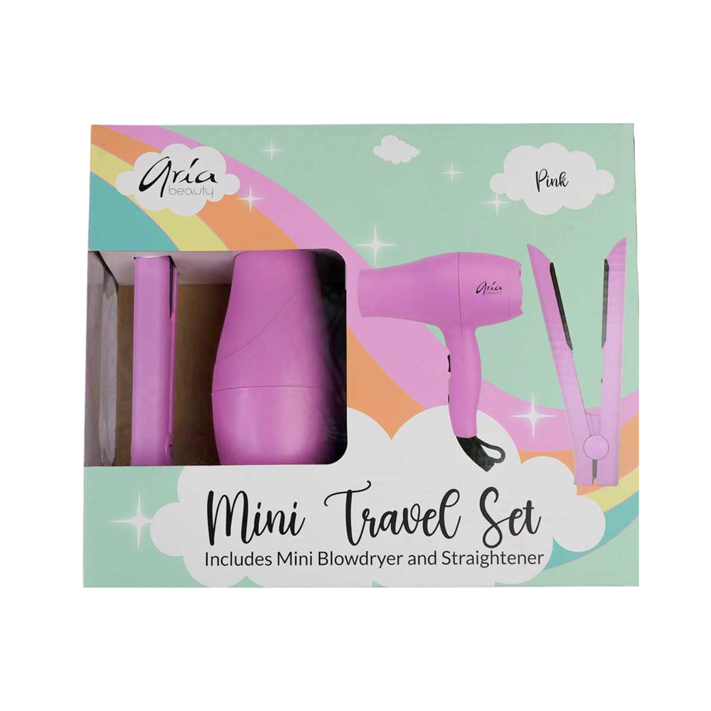 Kit voyage Aria Beauty Pink Hair Tools – mini lisseur et mini sèche‑cheveux rose
