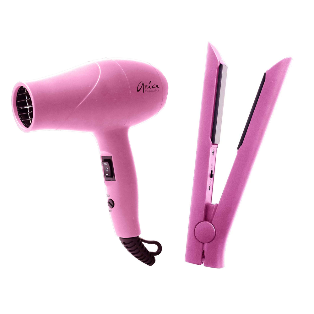 Kit voyage Aria Beauty Pink Hair Tools – mini lisseur et mini sèche‑cheveux rose