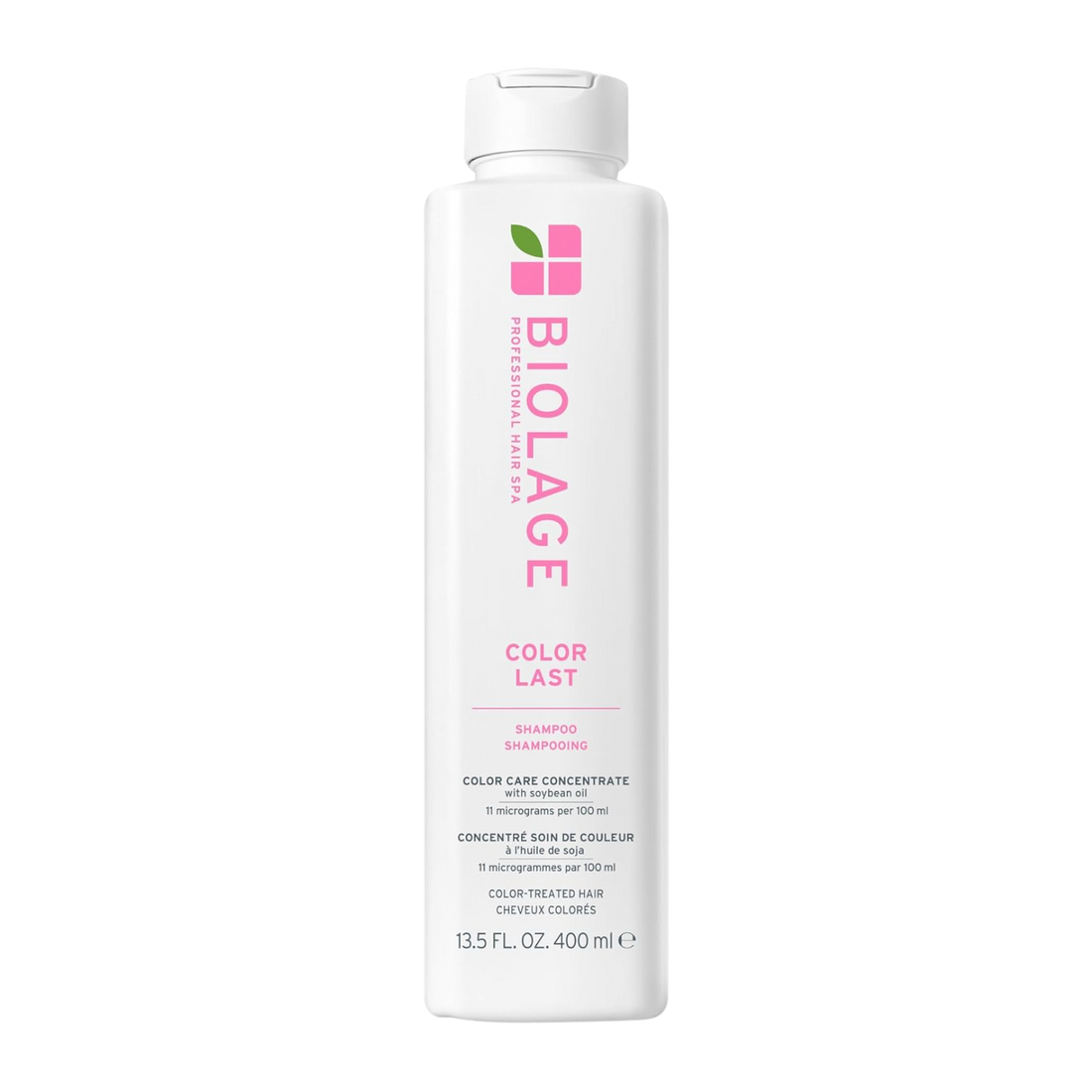 Flacon du shampooing Biolage ColorLast – soin lavant pour cheveux colorés, formule sans parabènes ni silicones, éclat et protection de la couleur.