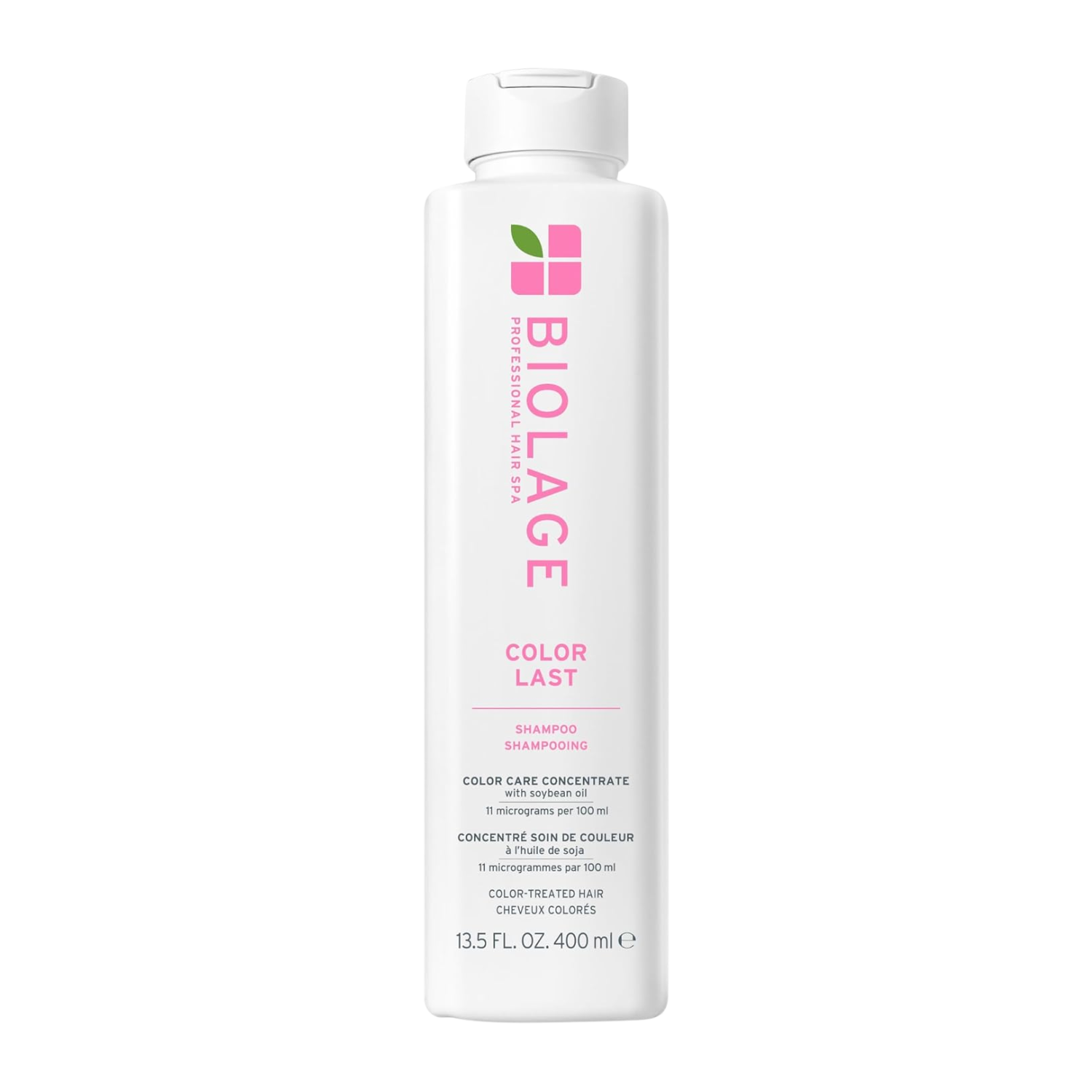Flacon du shampooing Biolage ColorLast – soin lavant pour cheveux colorés, formule sans parabènes ni silicones, éclat et protection de la couleur.