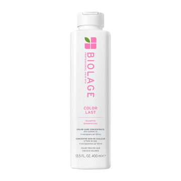 Flacon du shampooing Biolage ColorLast – soin lavant pour cheveux colorés, formule sans parabènes ni silicones, éclat et protection de la couleur.