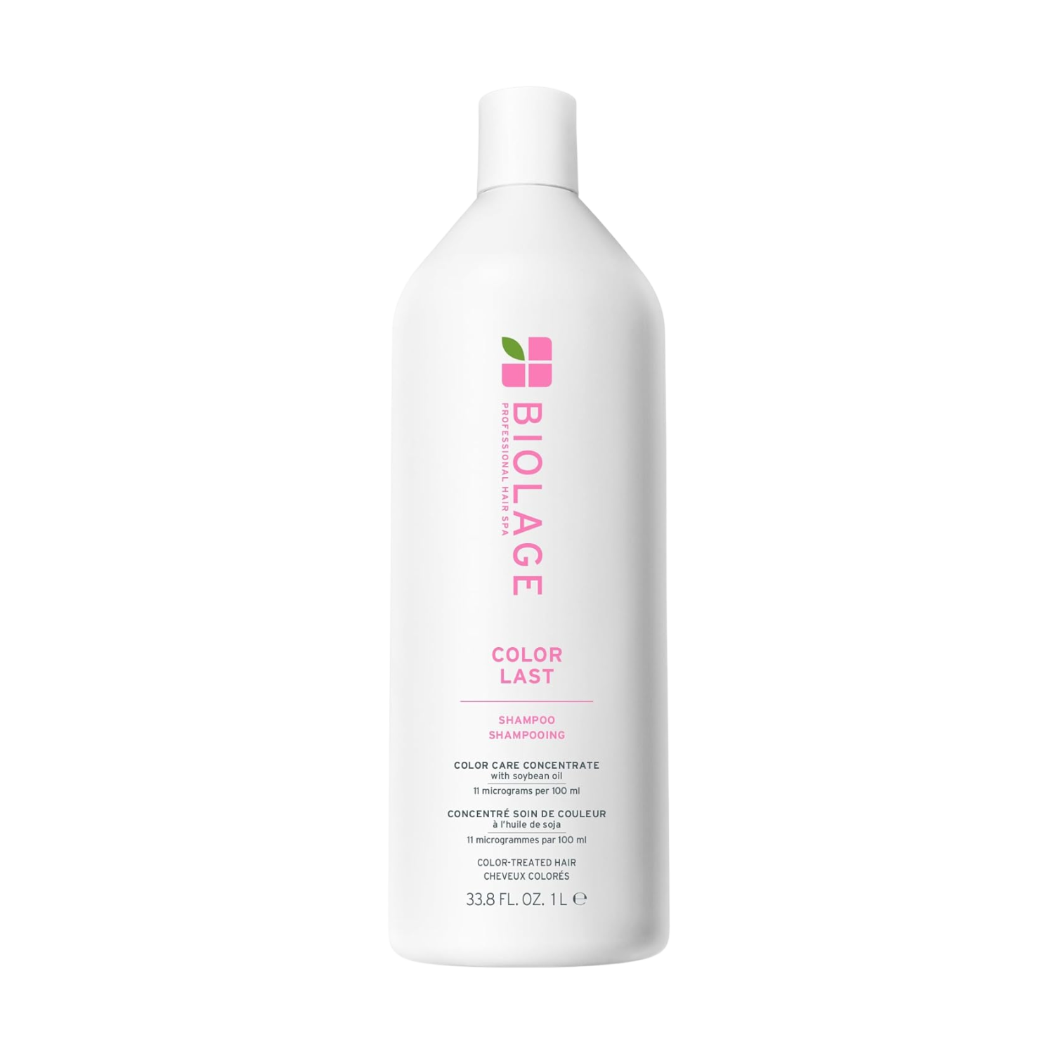 Flacon du shampooing Biolage ColorLast – soin lavant pour cheveux colorés, formule sans parabènes ni silicones, éclat et protection de la couleur.