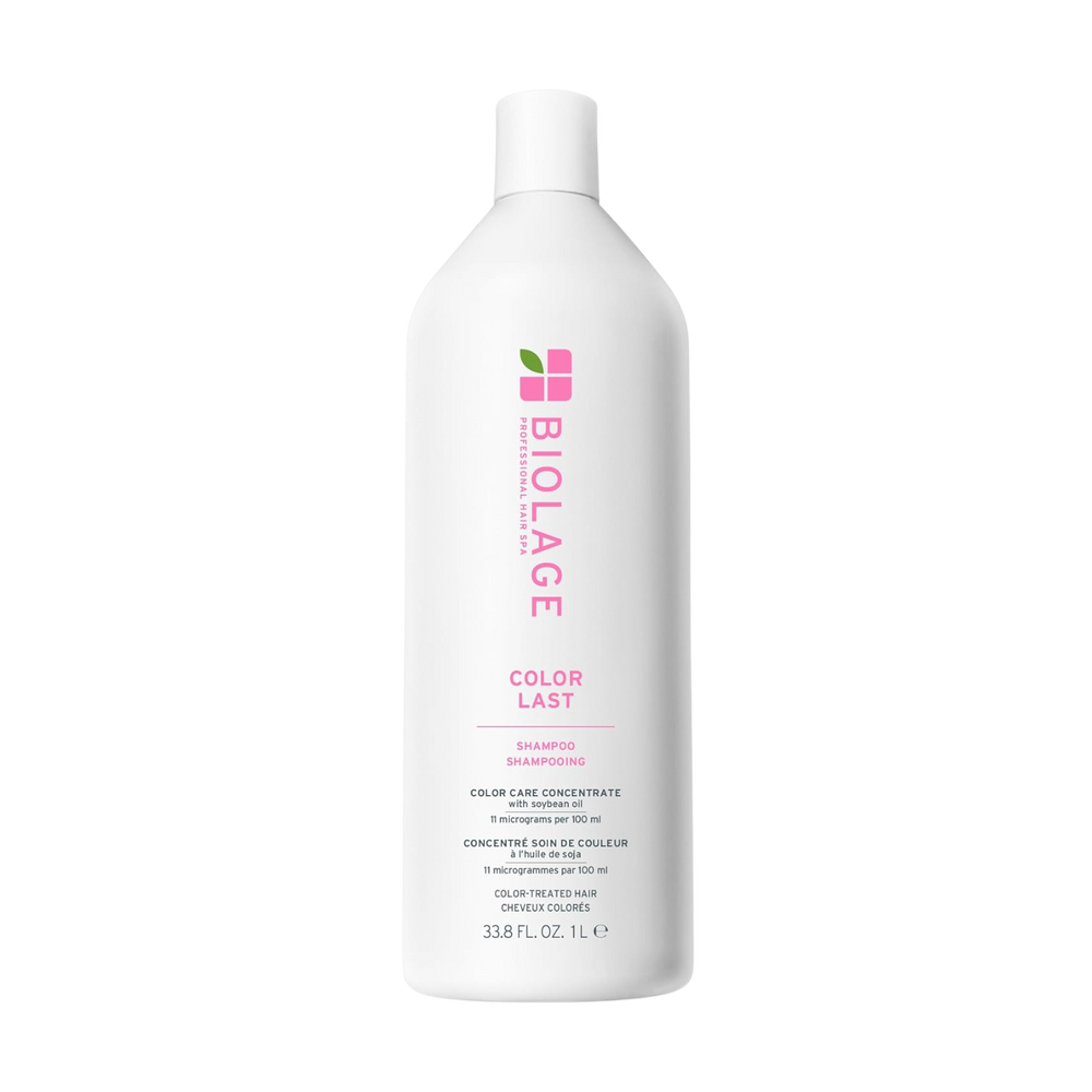 Flacon du shampooing Biolage ColorLast – soin lavant pour cheveux colorés, formule sans parabènes ni silicones, éclat et protection de la couleur.