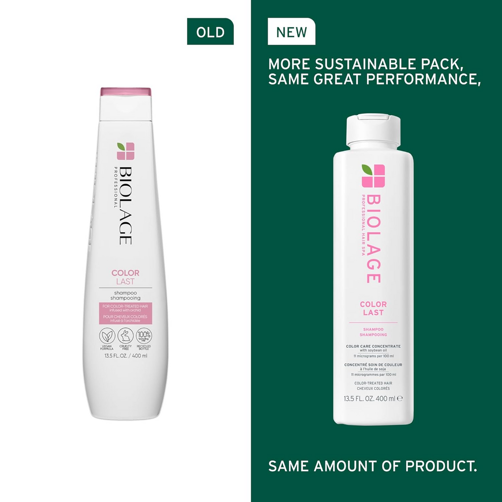 Flacon du shampooing Biolage ColorLast – soin lavant pour cheveux colorés, formule sans parabènes ni silicones, éclat et protection de la couleur.