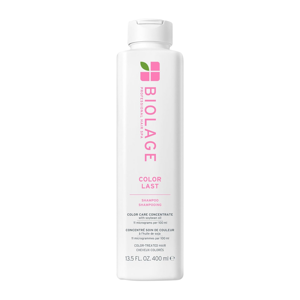 Flacon du shampooing Biolage ColorLast – soin lavant pour cheveux colorés, formule sans parabènes ni silicones, éclat et protection de la couleur.