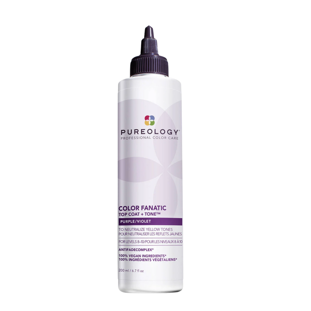 Flacon de Pureology Color Fanatic Top Coat + Tone Purple 200 ml, gloss tonifiant pour cheveux blonds anti‑jaunissement