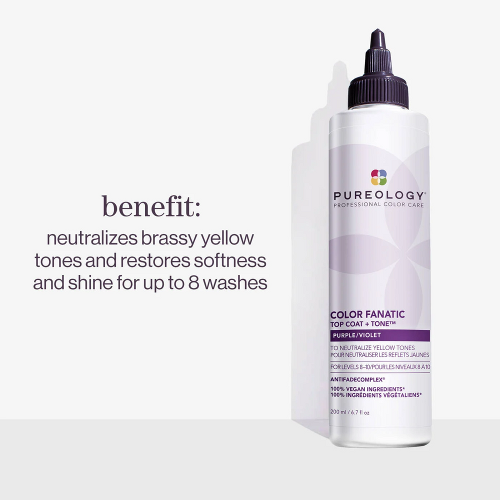 Flacon de Pureology Color Fanatic Top Coat + Tone Purple 200 ml, gloss tonifiant pour cheveux blonds anti‑jaunissement