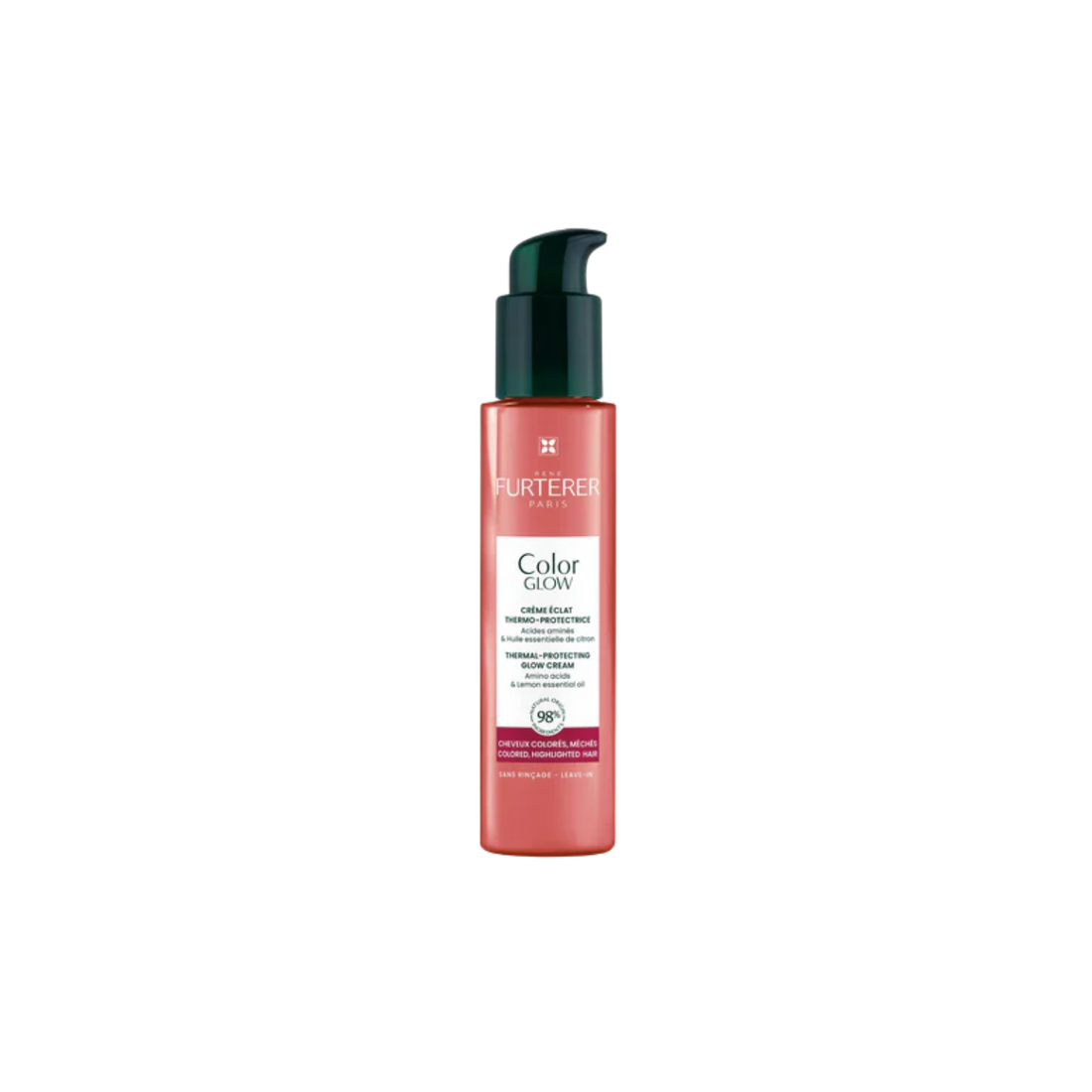 Flacon 100 ml de la Crème Color Glow René Furterer, soin sans rinçage protecteur jusqu’à 230 °C, anti‑frisottis et éclat longue durée

