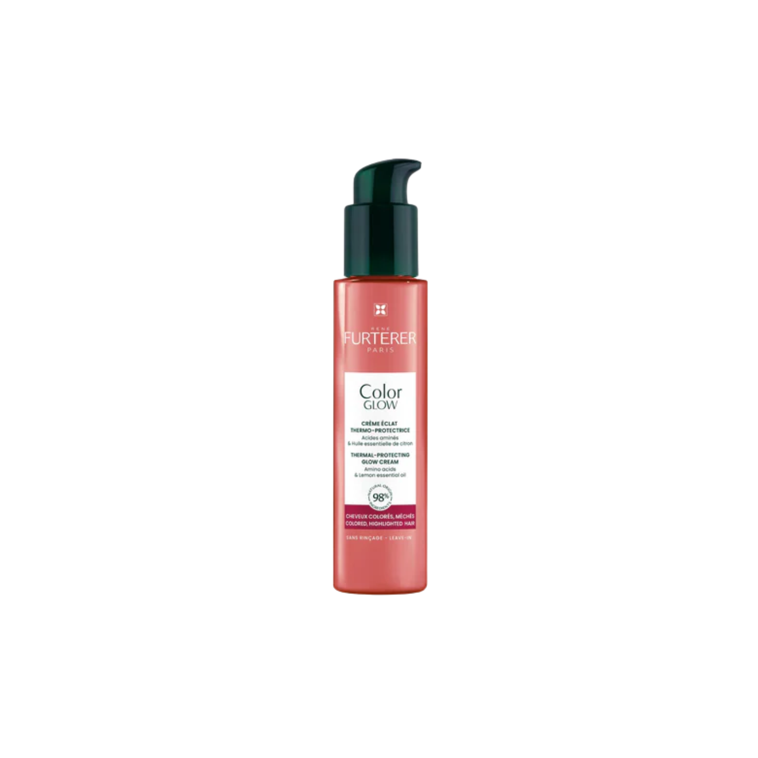 Flacon 100 ml de la Crème Color Glow René Furterer, soin sans rinçage protecteur jusqu’à 230 °C, anti‑frisottis et éclat longue durée
