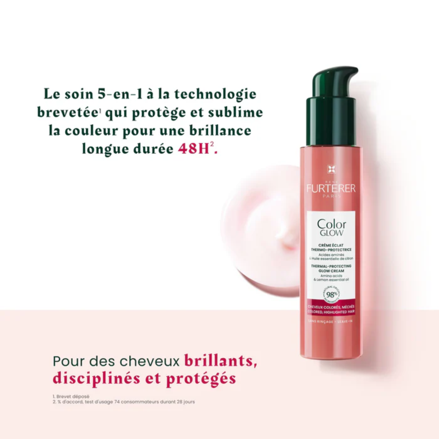 Flacon 100 ml de la Crème Color Glow René Furterer, soin sans rinçage protecteur jusqu’à 230 °C, anti‑frisottis et éclat longue durée
