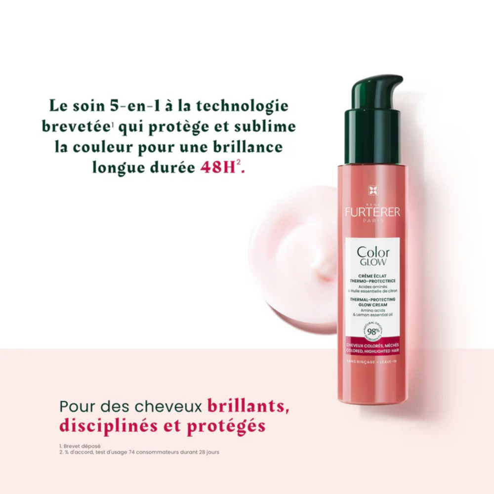 Flacon 100 ml de la Crème Color Glow René Furterer, soin sans rinçage protecteur jusqu’à 230 °C, anti‑frisottis et éclat longue durée
