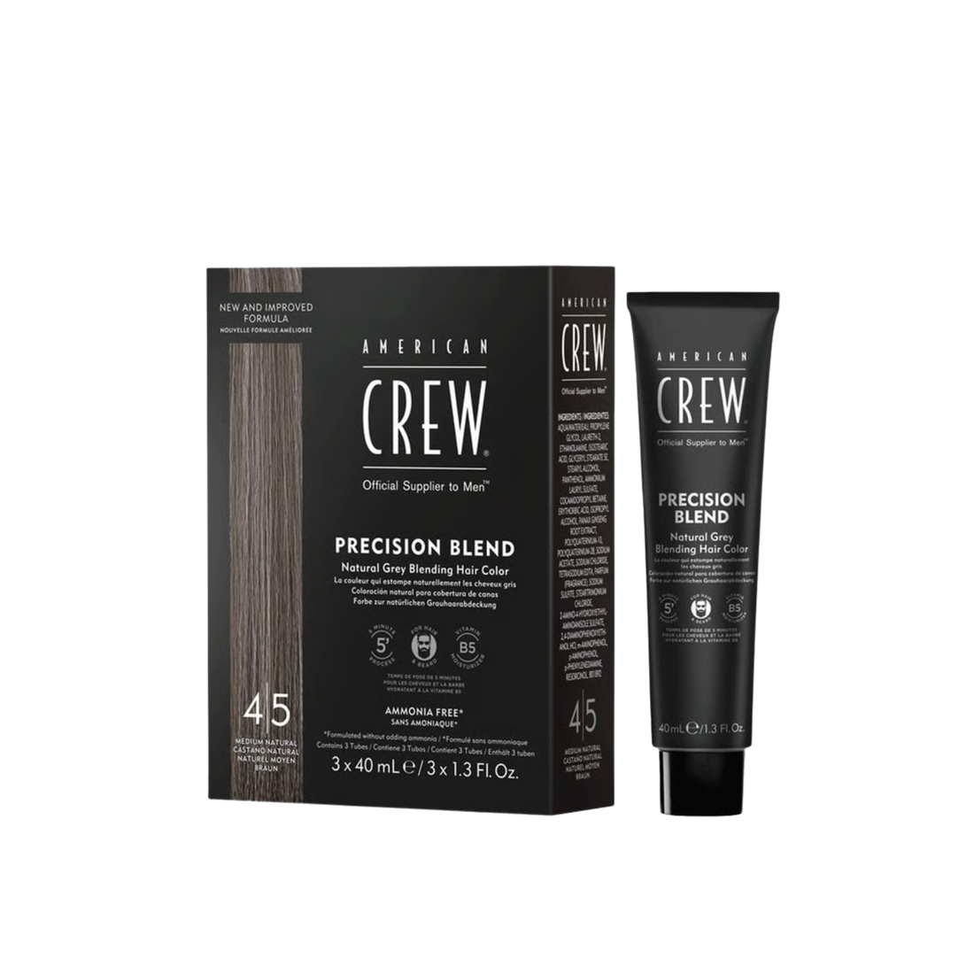 Boîte de coloration American Crew Precision Blend 4/5 Medium Natural 3×40 ml pour cheveux et barbe sans ammoniaque, couverture naturelle des gris.