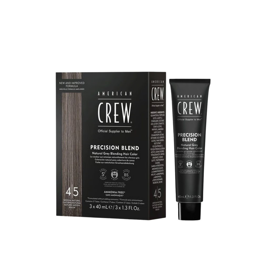 Boîte de coloration American Crew Precision Blend 4/5 Medium Natural 3×40 ml pour cheveux et barbe sans ammoniaque, couverture naturelle des gris.
