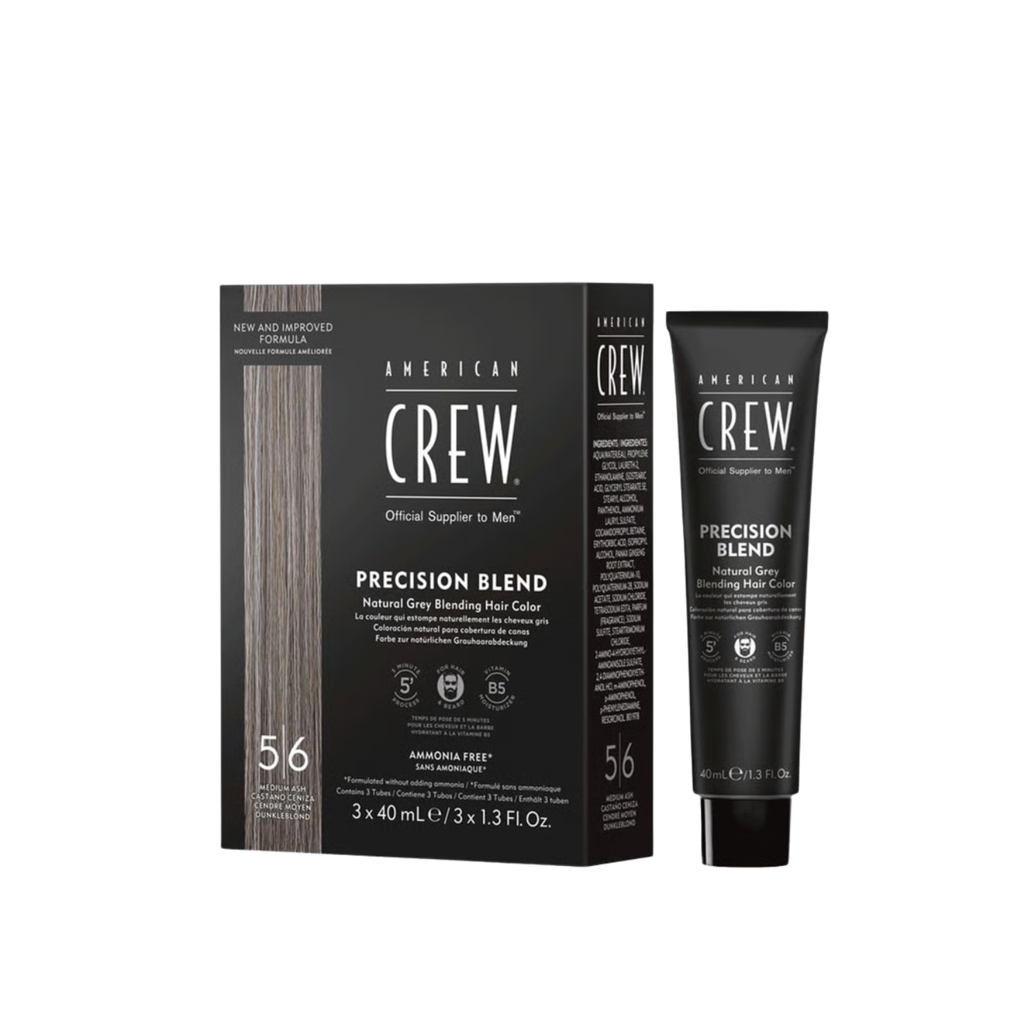 Pack de coloration American Crew Precision Blend 5/6 Medium Ash 3×40 ml pour cheveux et barbe, teinte ash moyen sans ammoniaque.