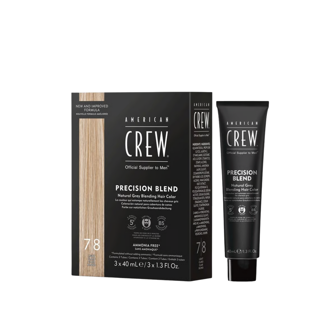 Boîte de coloration American Crew Precision Blend 7/8 Light 3×40 ml, teinte blond clair professionnelle sans ammoniaque. 
