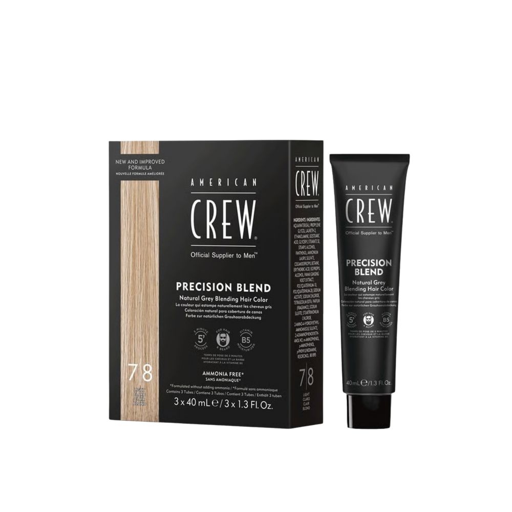 Boîte de coloration American Crew Precision Blend 7/8 Light 3×40 ml, teinte blond clair professionnelle sans ammoniaque. 