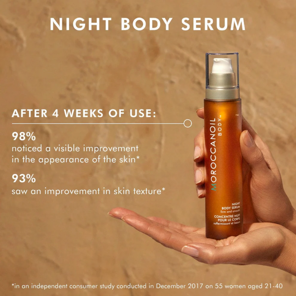 Flacon du Concentré Nuit Corps Moroccanoil, sérum corporel de nuit raffermissant et lissant à base d’argan, tsubaki et vitamine C ester.

