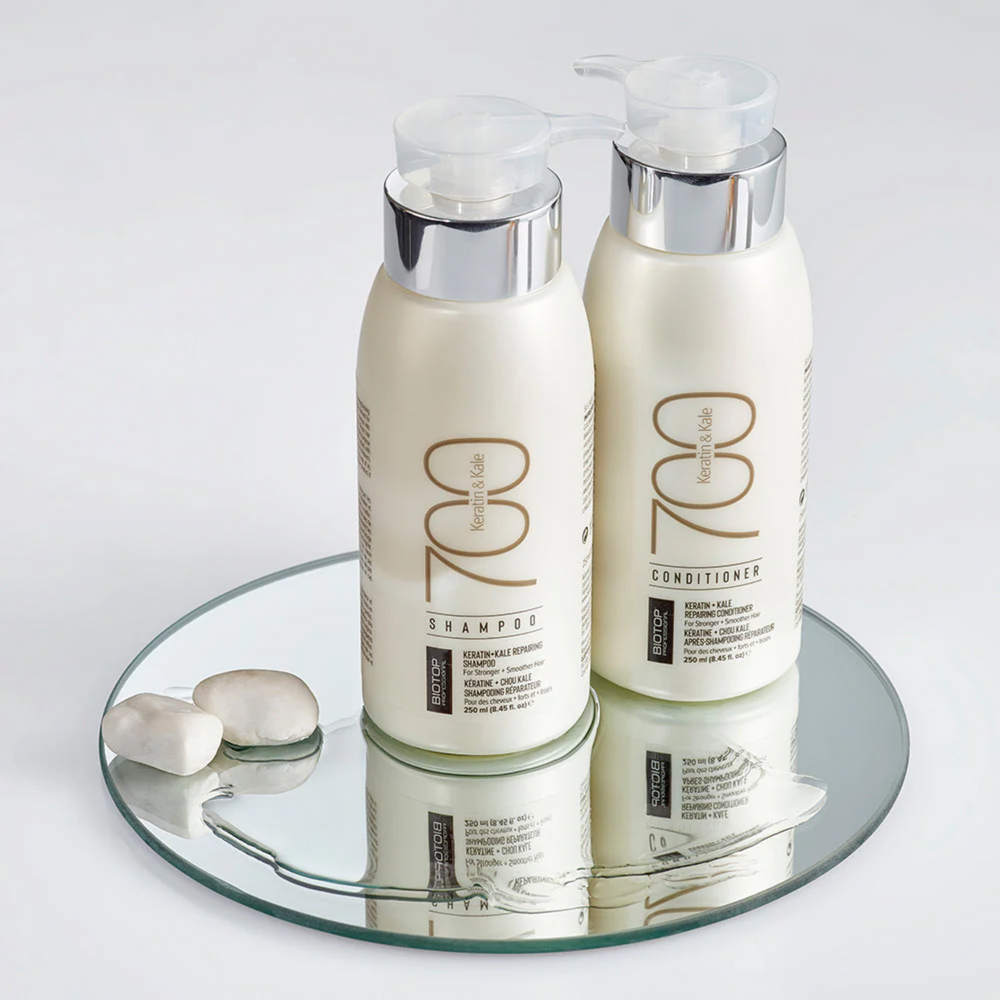 Tube de conditioner Biotop 700 Keratin & Kale (250 mL) avec design élégant.