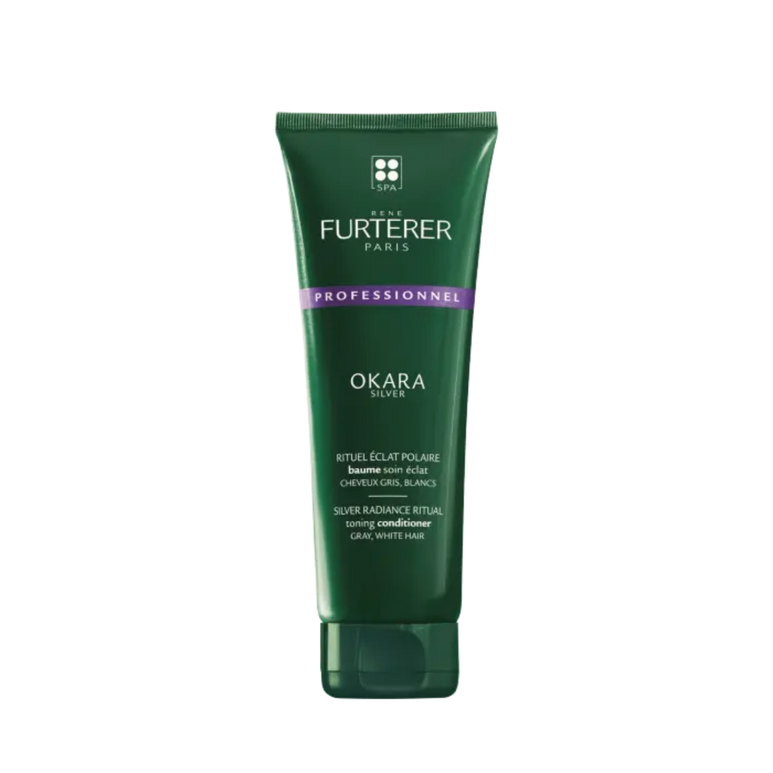 Tube 150 ml du Baume Soin Éclat Okara Silver René Furterer, soin déjaunissant sans silicone pour cheveux gris, blancs ou blonds platine
