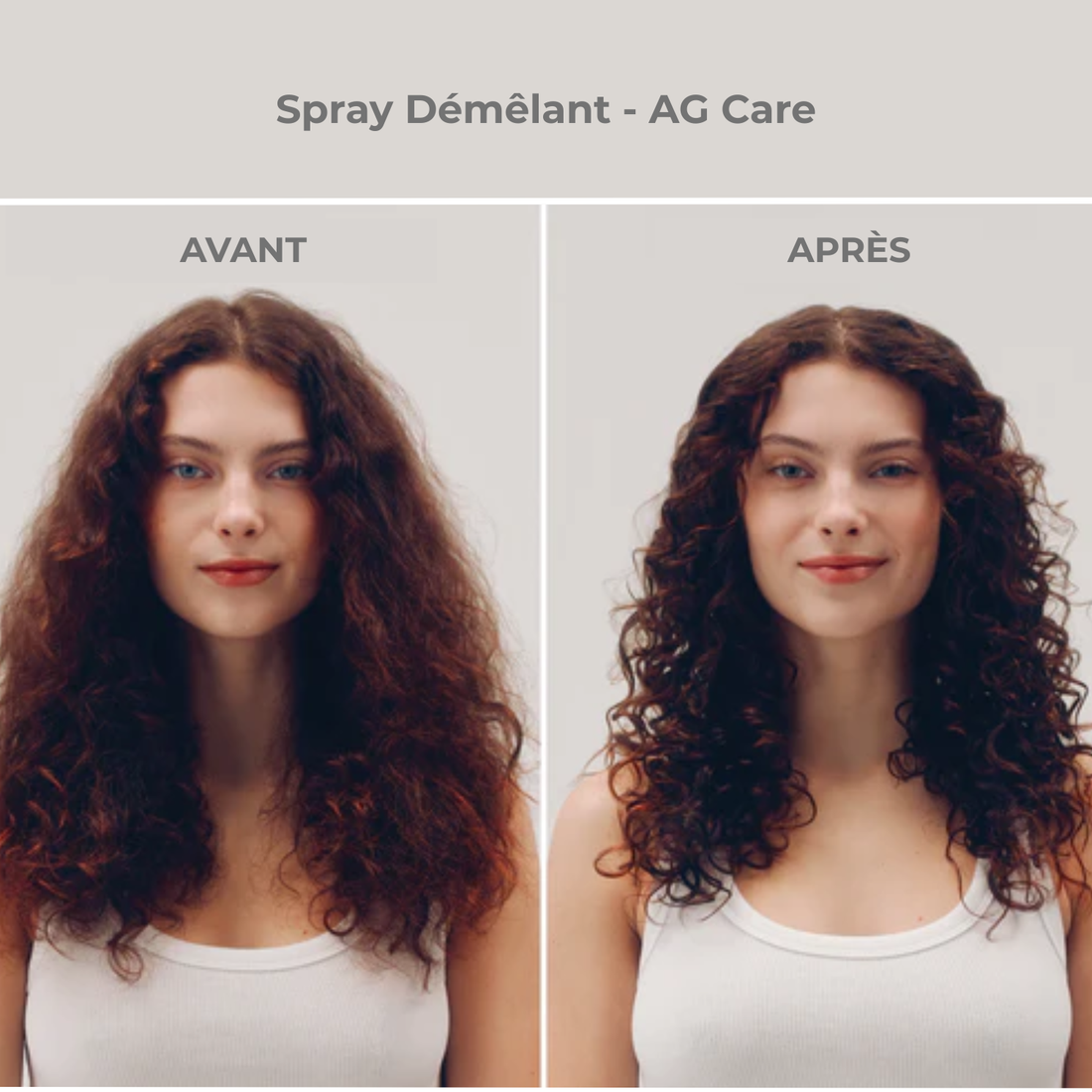 Spray AG Care Conditioning Mist Detangling Spray, flacon transparent sur fond clair, cheveux lisses et doux en arrière-plan