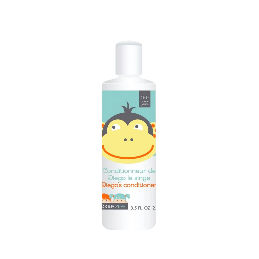 « Flacon 250 ml du conditionneur Diego le Singe Térapo Junior – étiquette enfant singe »