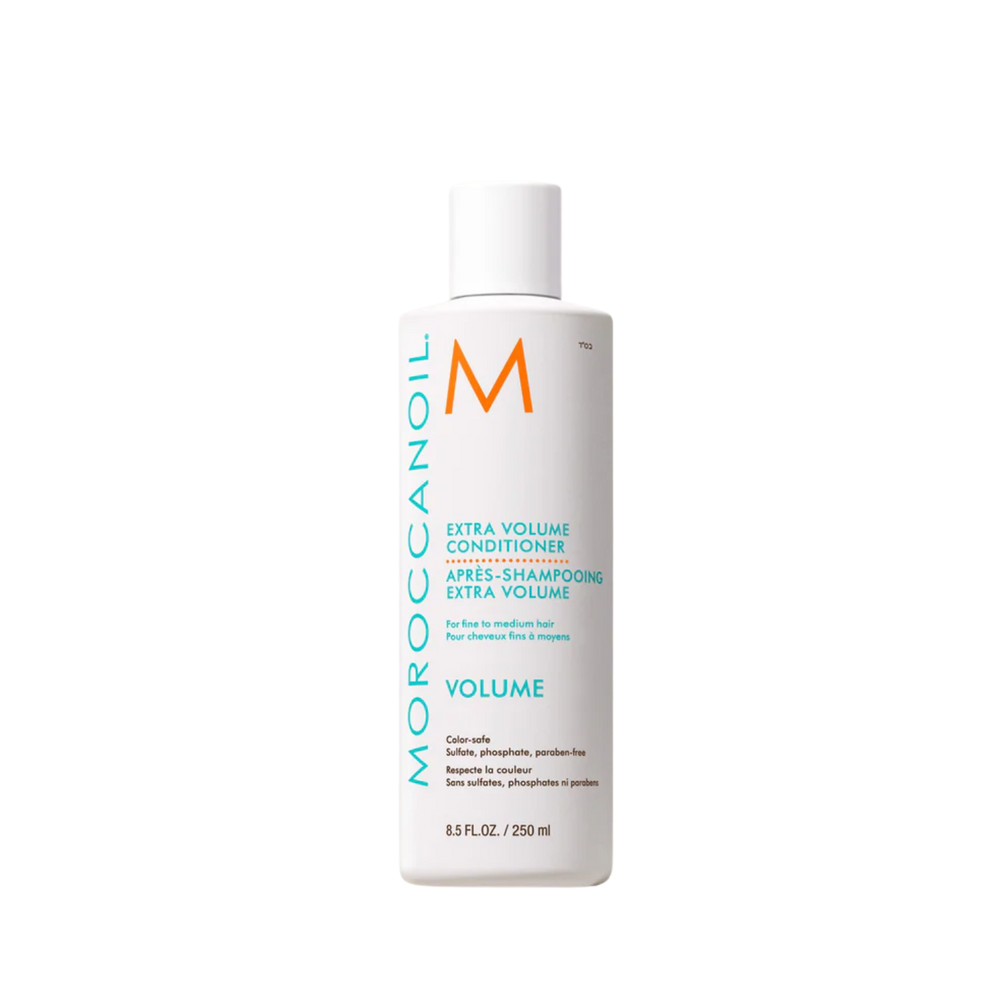 Flacon du Conditionneur Extra Volume Moroccanoil, soin léger pour cheveux fins apportant volume et brillance sans alourdir

