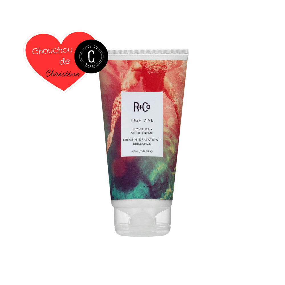 Pot de crème High Dive Moisture + Shine de R+Co, soin hydratant pour cheveux doux, brillants et sans frisottis