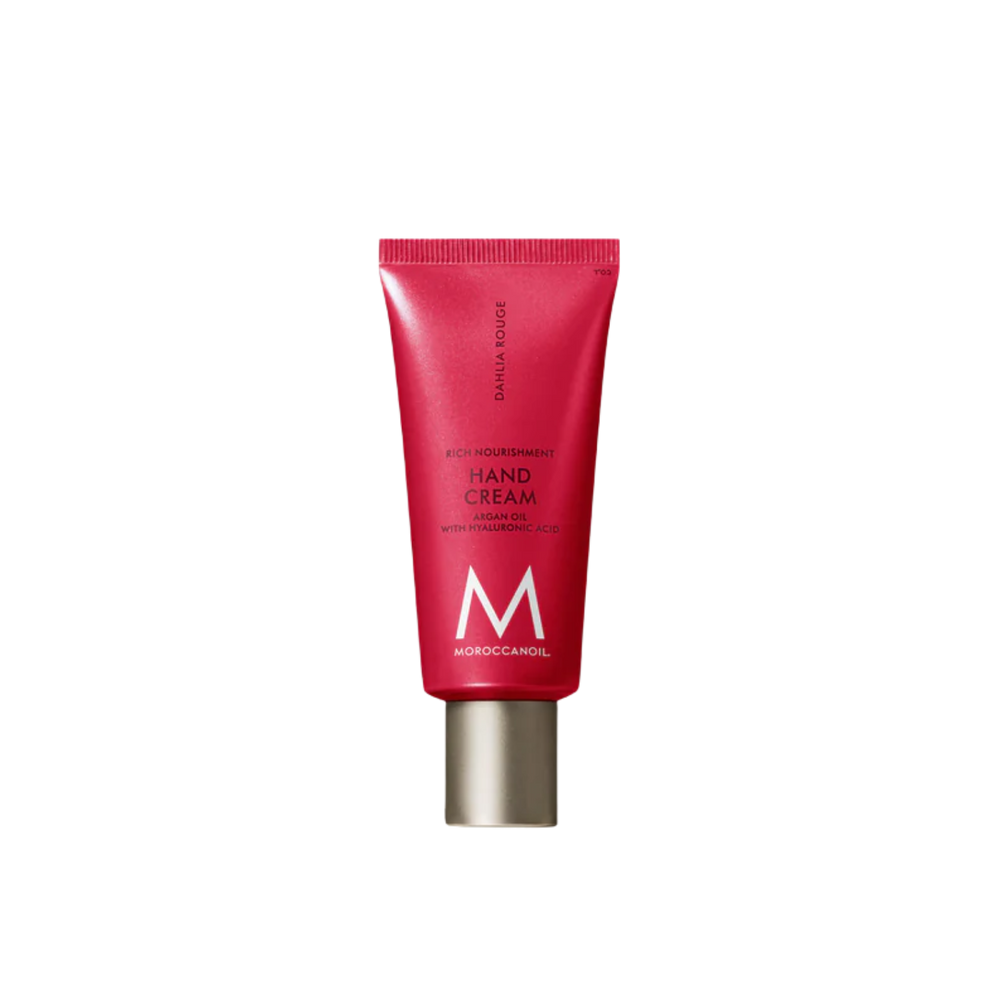 Tube crème mains Moroccanoil Dahlia Rouge parfum floral boisé, hydratation intense

