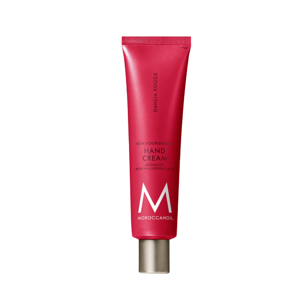 Tube crème mains Moroccanoil Dahlia Rouge parfum floral boisé, hydratation intense

