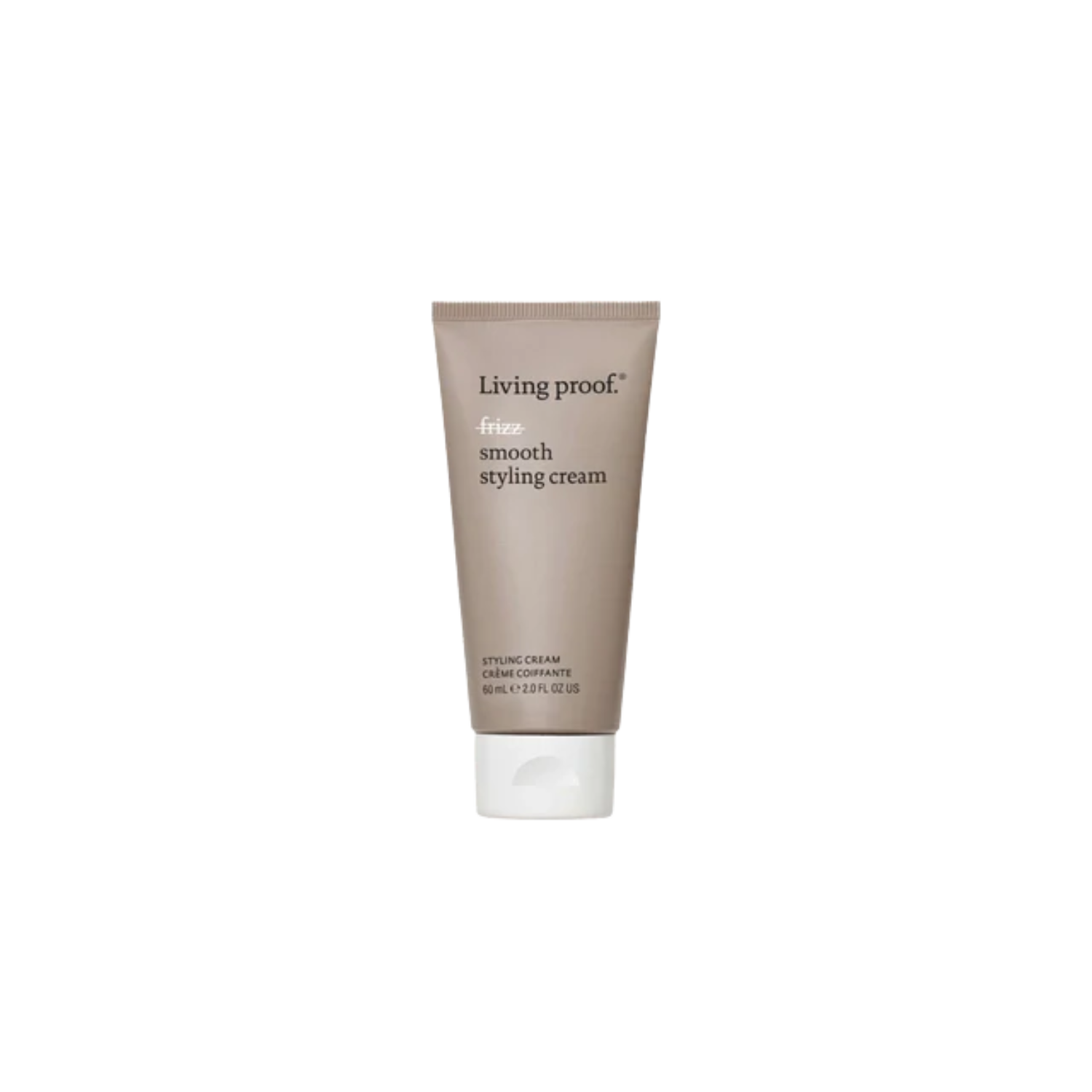 Flacon beige de la crème coiffante No Frizz Smooth Styling Cream par Living Proof, posé sur fond neutre, illustrant douceur, lissage et soin anti‑frisottis.

