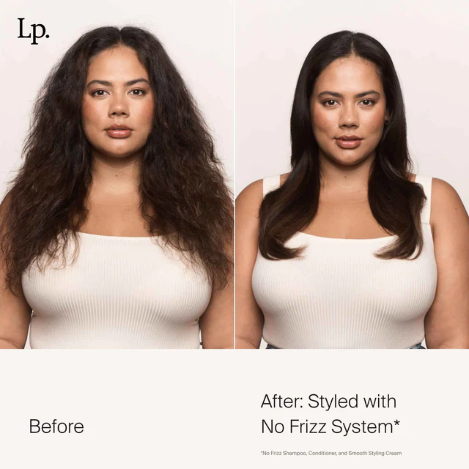 Flacon beige de la crème coiffante No Frizz Smooth Styling Cream par Living Proof, posé sur fond neutre, illustrant douceur, lissage et soin anti‑frisottis.

