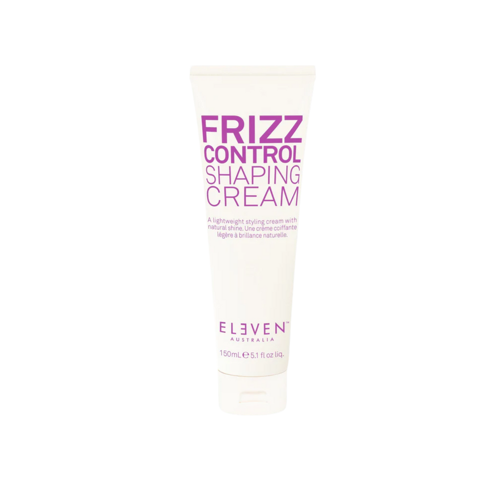 Pot de la crème Frizz Control Shaping Cream d’ELEVEN Australia sur fond neutre, texture crème lissante anti‑frisottis
