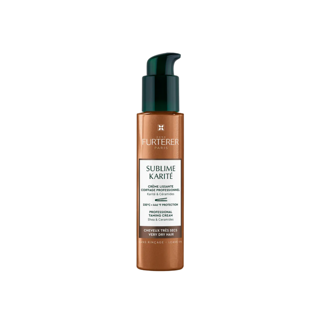 Crème lissante sans rinçage Sublime Karité René Furterer en flacon‑pompe 100 ml, pour cheveux très secs.

